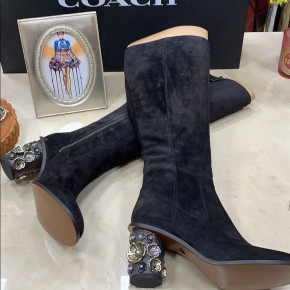 Coach Shoes - COACH TEA ROSE 🌹 HEEL BLACK TALL SUEDE BOOTS SZ 8